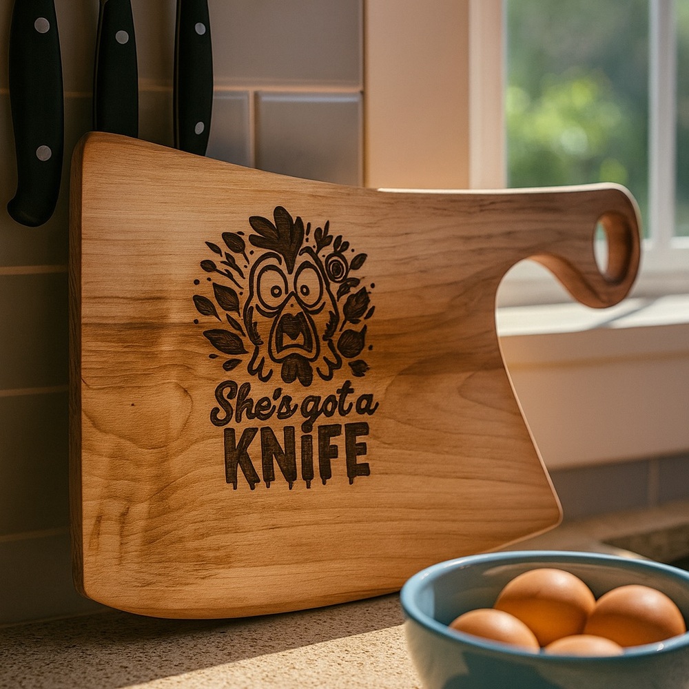 “She’s Got a Knife” Funny Hardwood Cutting Board